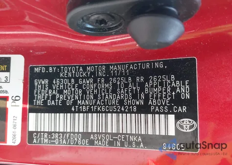 2012 Toyota Camry Le из США, поврежденный, VIN 4T1BF1FK6CU524218